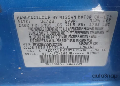 2023 Nissan Versa 1.6 Sv Xtronic Cvt из США, поврежденный, VIN 3N1CN8EV5PL821239